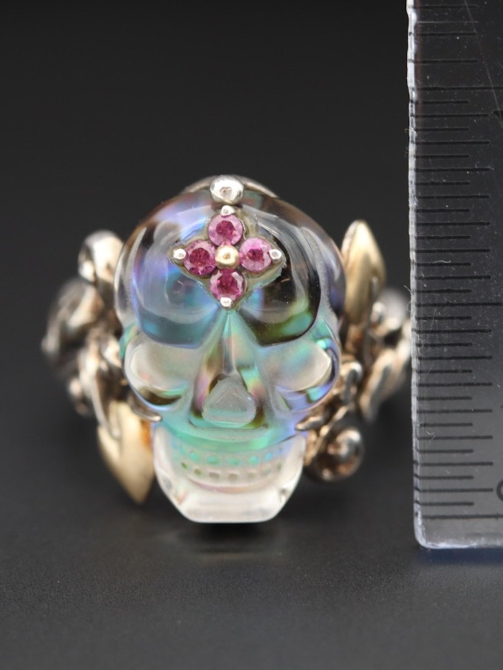 Bixby Sterling Silver Crystal Skull Ring 18K Yellow Gold & Garnet Accents Size 9 - Picture 3 of 7